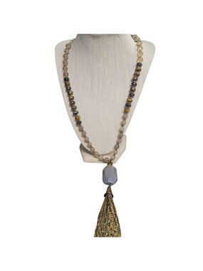 Faceted Bead Necklace Blue Pendant Gold Tassel Tiger Eye Crystal Beads Antique